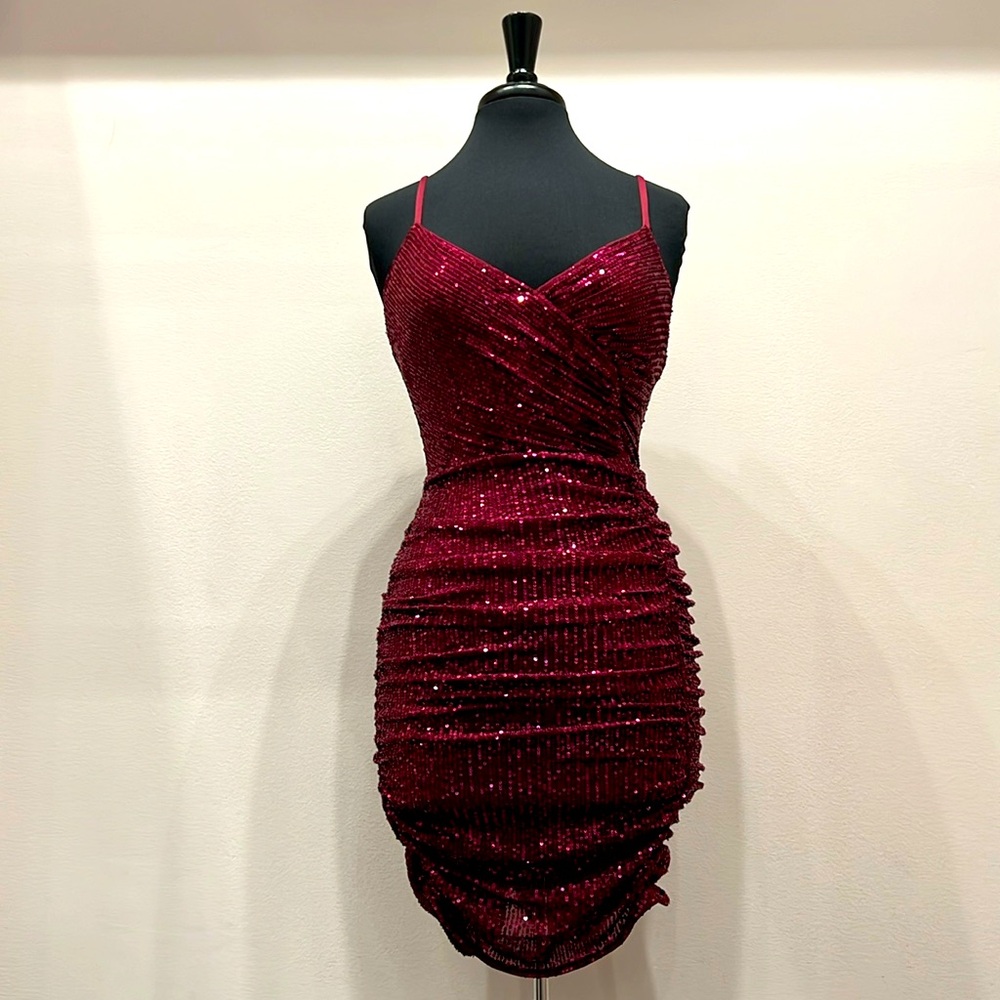 Spaghetti Strap Sequin Ruched Mini Dress Burgundy